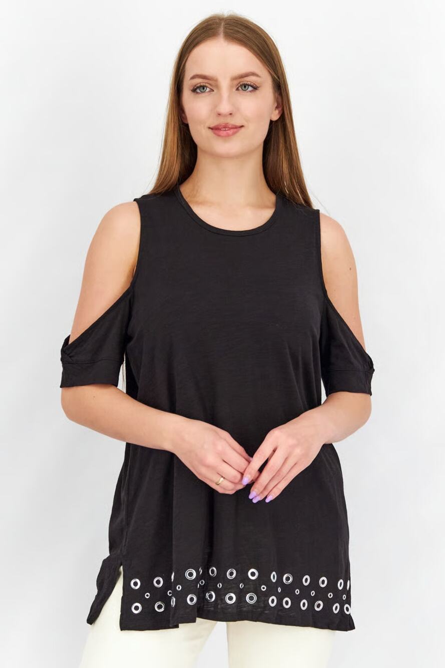 Michael Kors Blouse Silver Grommet Black Cold Shoulder Shirt Size Women's Medium